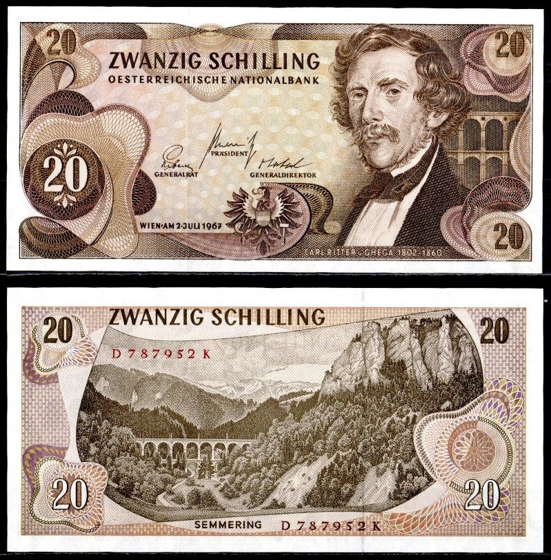 Австрия 20 шиллингов 1967 Pick 142 a (1) бумага UNC (пресс) 7457-20-1-2