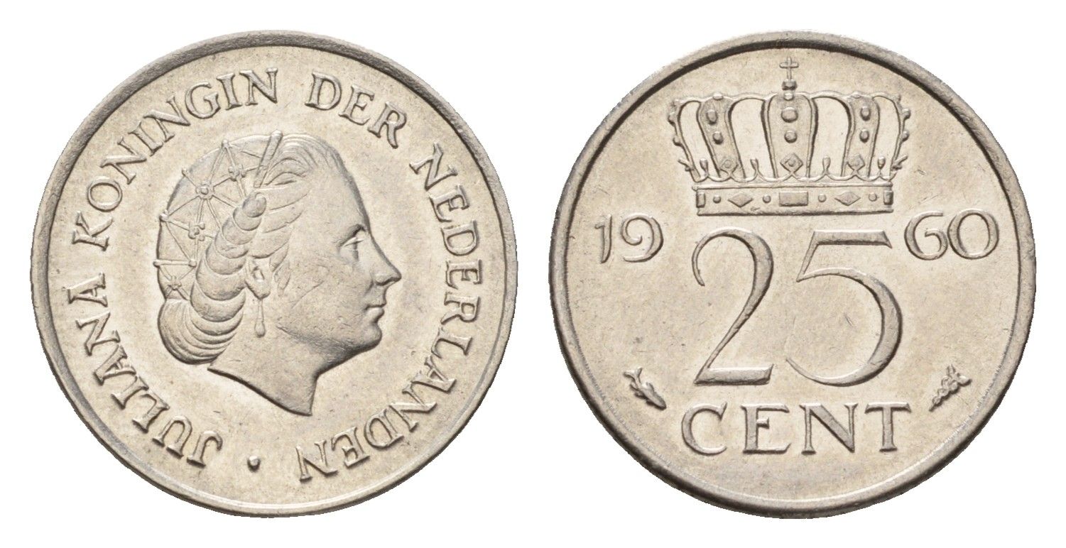 Нидерланды 25 центов 1960 Юлиана (1948-1980) KM 183 никель 4658-821