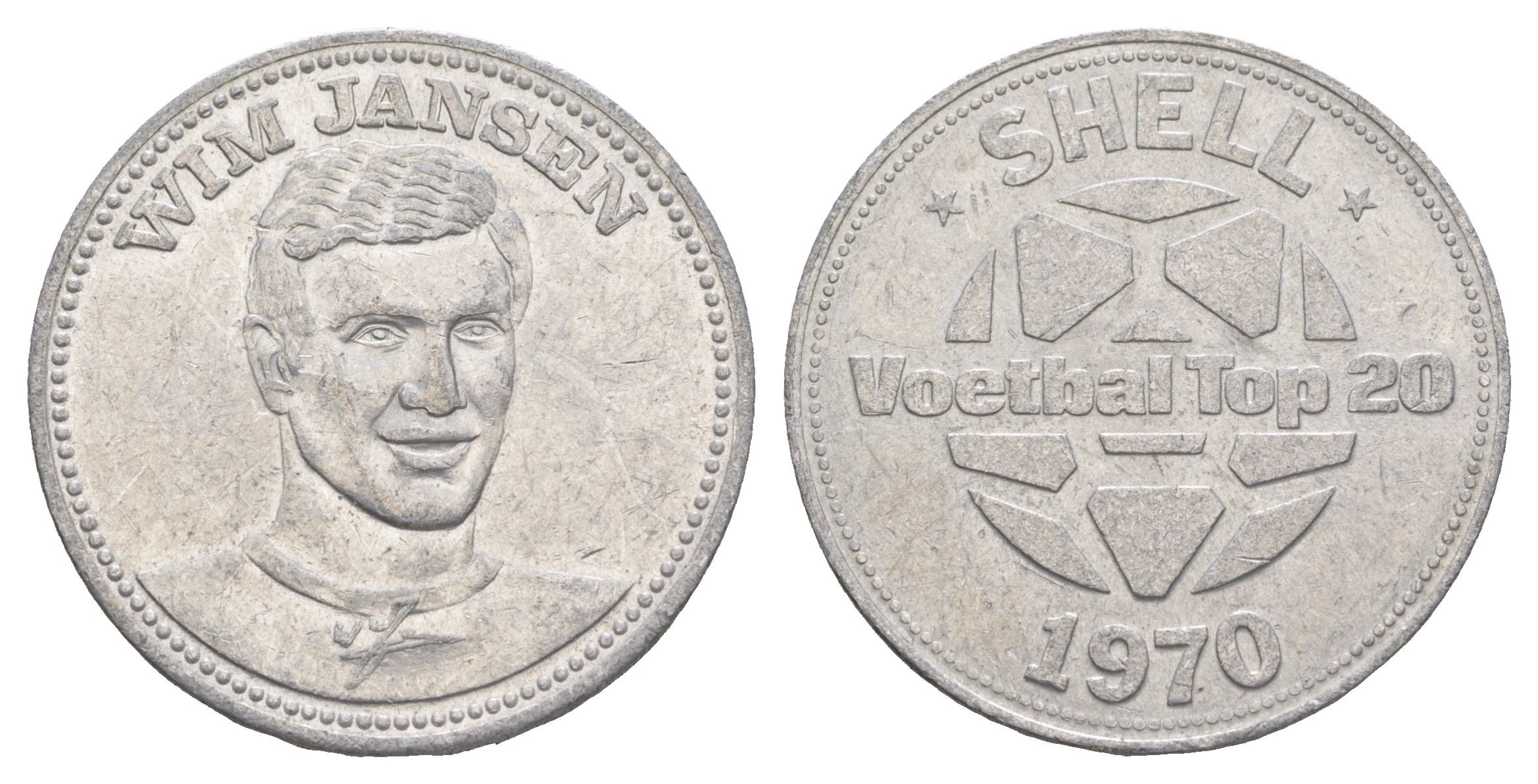 Нидерланды жетон Shell - Чемпионат мира по футболу 1970 года - сборная Голландии - Вим Янсен 1970 диаметр 30 мм, вес 3,3 гр алюминий 4175-632