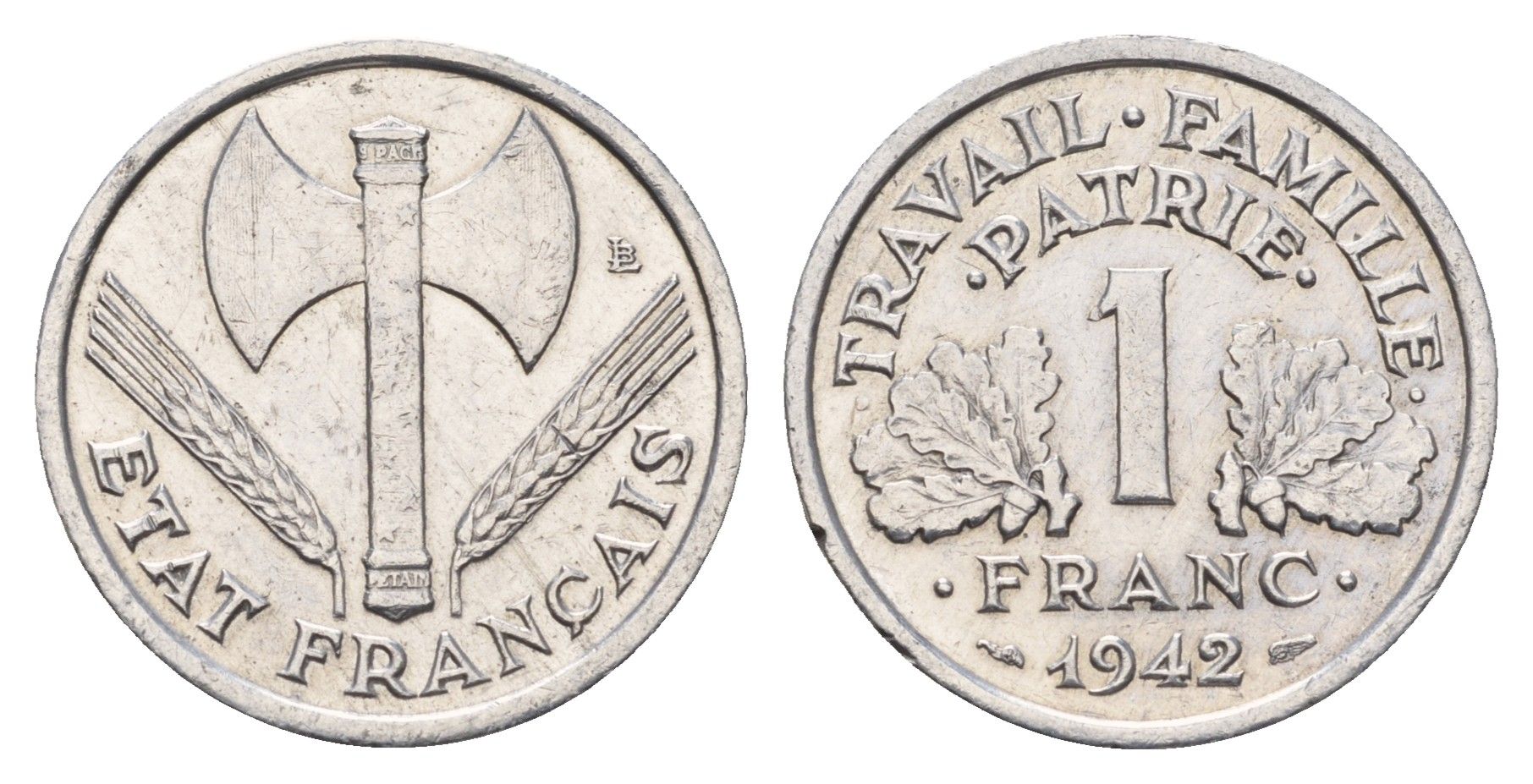 Франция 1 франк 1942 KM 902.1, Le Franc 222.2 алюминий 3856-342
