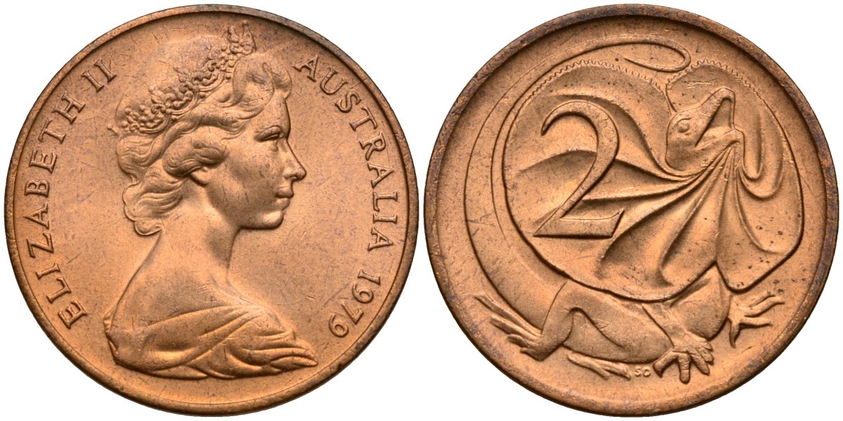Австралия 2 цента 1979 Елизавета II (1952-2022), плащеносная ящерица (FRILLED LIZARD)  KM 63 бронза UNC 4115-1247