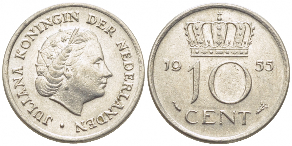 Нидерланды 10 центов 1955 Юлиана (1949-1980) KM 182 никель 112-221