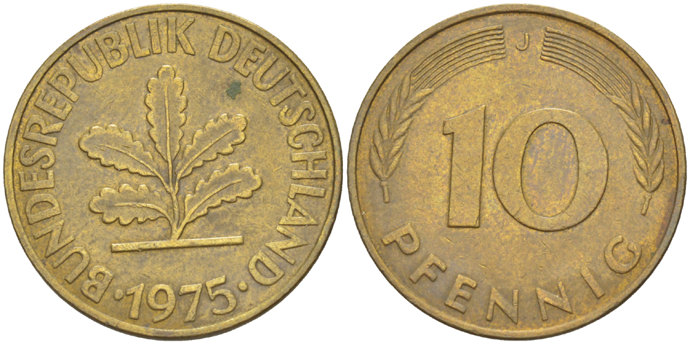 ФРГ 10 ПФЕННИГОВ 1975 J KM 108, J. 383 сталь плакированная латунью 4182-844
