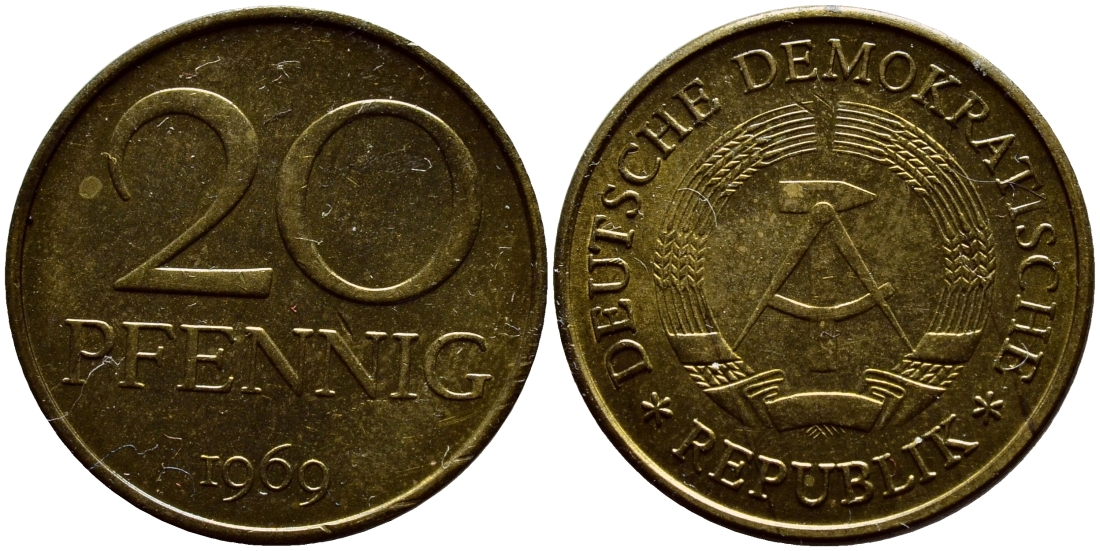 ГДР 20 пфеннигов 1969 А, первый год KM 11 латунь UNC 4395-1135