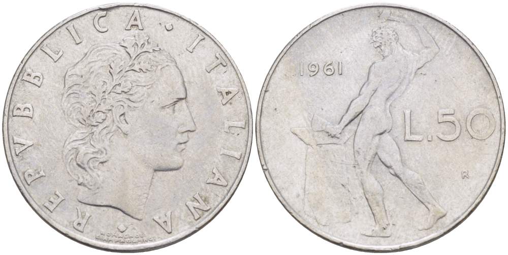 ИТАЛИЯ 50 ЛИР 1961 R, КУЗНЕЦ, ВУЛКАН БОГ ОГНЯ, ДИАМЕТР 25 ММ. KM 95.1 нержавеющая сталь 4448-315