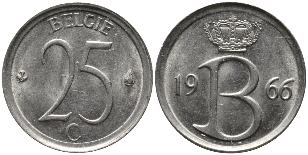 Бельгия 25 сантимов 1966 Belgie, Бодуэн I (1951-1993) KM 154.1 медно-никель 99-353