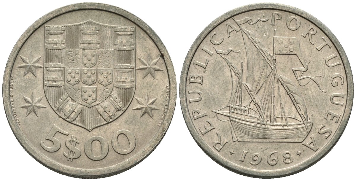Португалия 5 эскудо 1968 парусник KM 591 медно-никель 4148-433