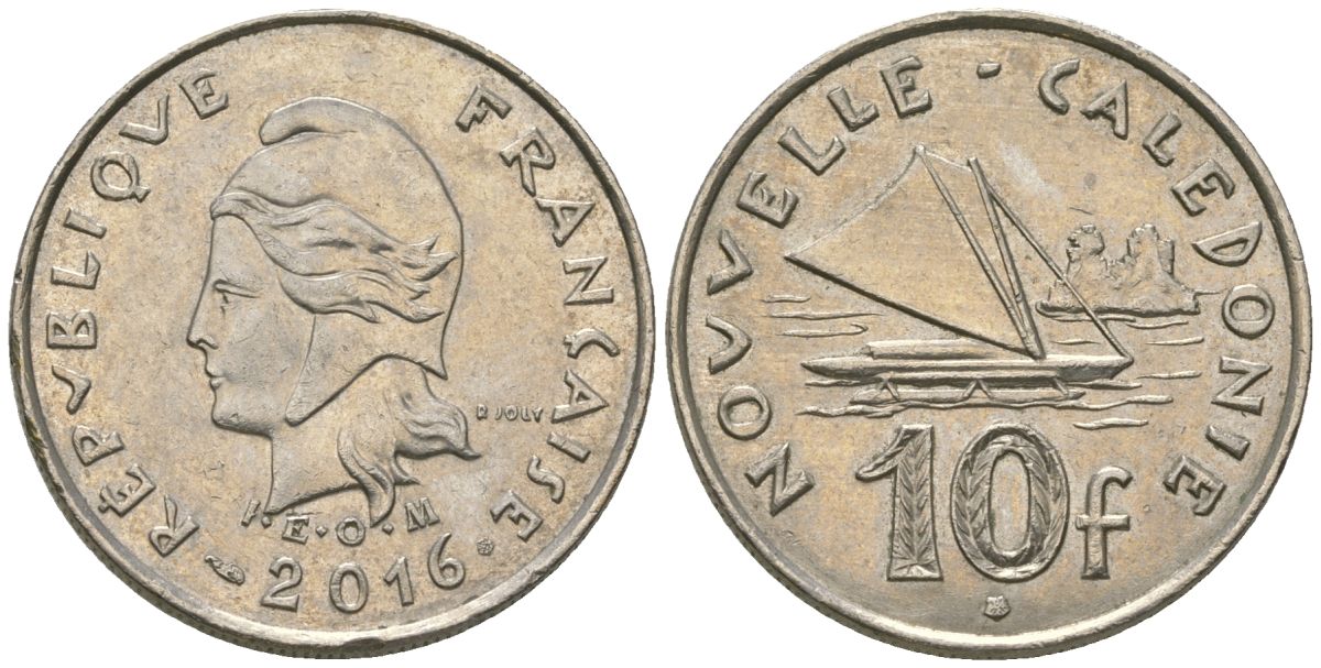 Французская Новая Каледония 10 франков 2016 рыбачья парусная лодка, (IEOM) KM 11a, Schoen 13a, Lec 99k медно-никель 68-343