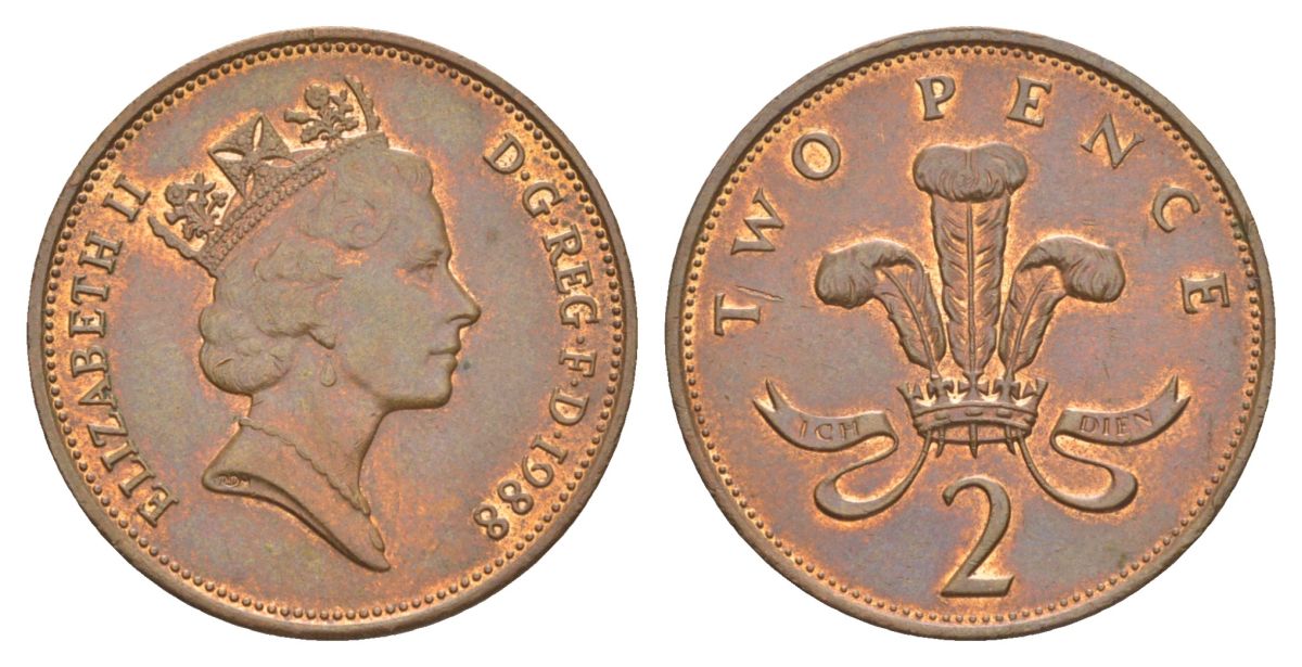 Великобритания 2 пенса 1988 Елизавета II (1952-2022) KM 936, Spink 4376 (C3) бронза 4633-823