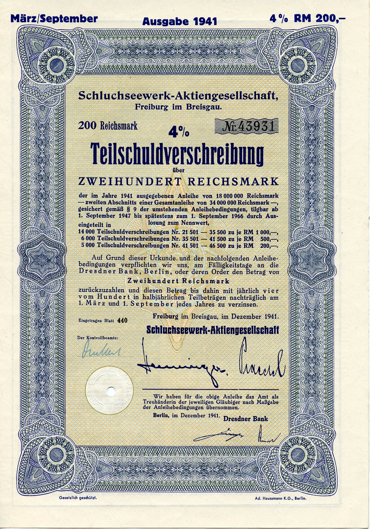 Германия 200 рейхсмарок 1941 АО Schluchseewerk (оператор 5 ГЭС), Фрайбург-им-Брайсгау, 4% -ное частичное обязательство   бумага  8804-79-1