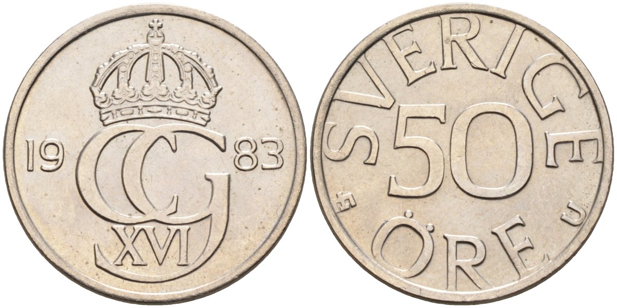 Швеция 50 эре 1983 Карл XVI Густав (1973- ) KM 855 медно-никель UNC 4582-815