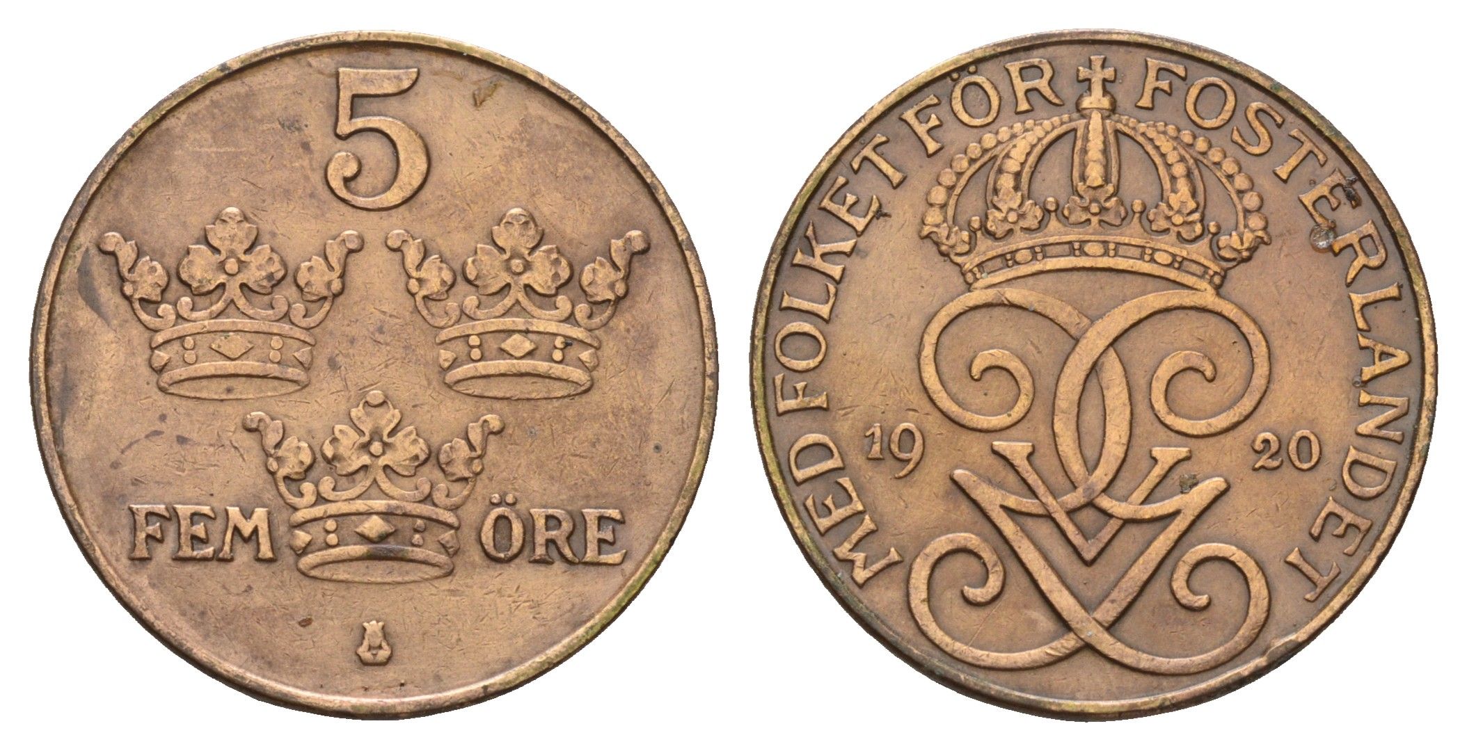 Швеция 2 эре 1920 KM 779.2 бронза 3459-1255