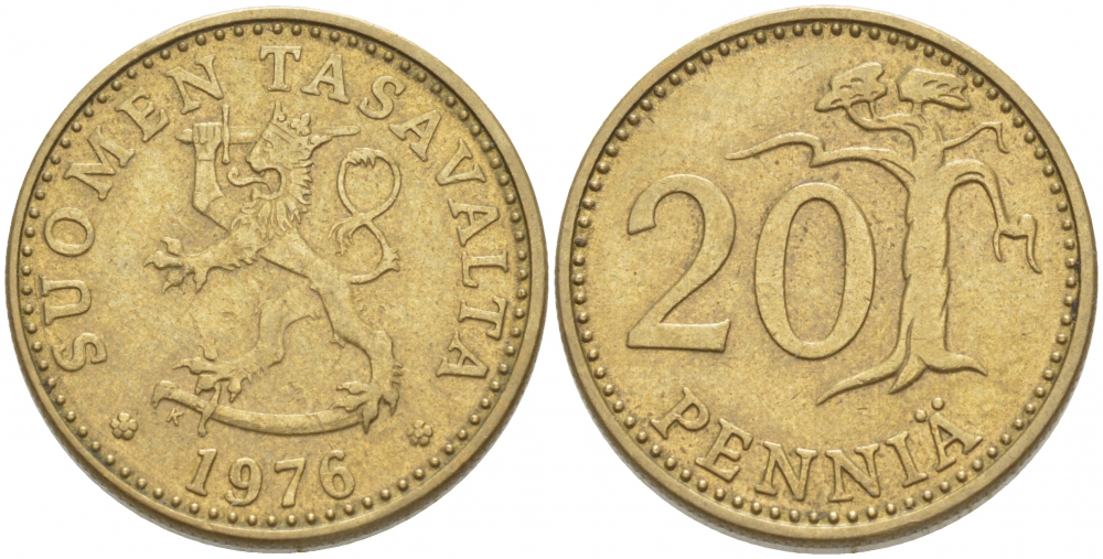 ФИНЛЯНДИЯ 20 ПЕННИ 1976 K KM 47 алюминиевая бронза 3718-632