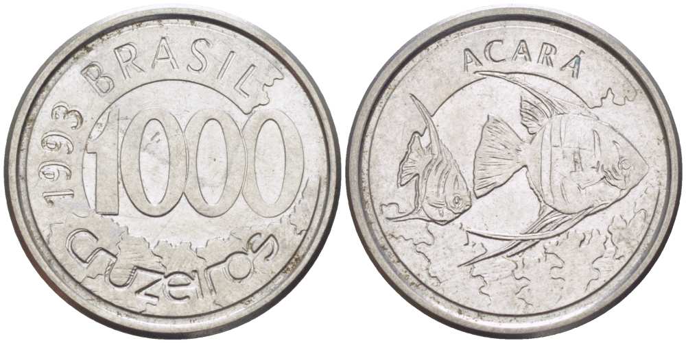 Бразилия 1000 крузейро 1993 реформа 1990-1993, рыбка Акара KM 626 нержавеющая сталь 26-959