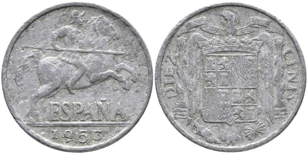 ИСПАНИЯ 10 СЕНТИМО 1953 РЫЦАРЬ НА КОНЕ KM 766 алюминий 110-933