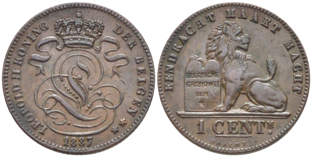 БЕЛЬГИЯ 1 САНТИМ 1887 BELGEN KM 34.1 медь 105-922
