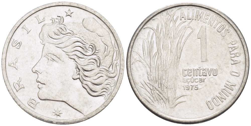 Бразилия 1 сентаво 1975 FAO, сахарный тростник KM 585 нержавеющая сталь 66-238