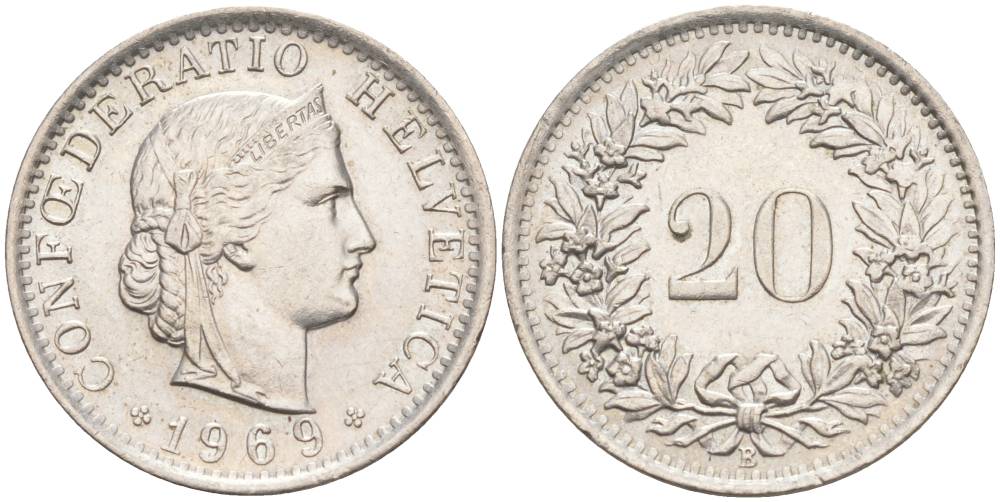 Швейцария 20 раппенов 1969 В KM 29а медно-никель 55-921