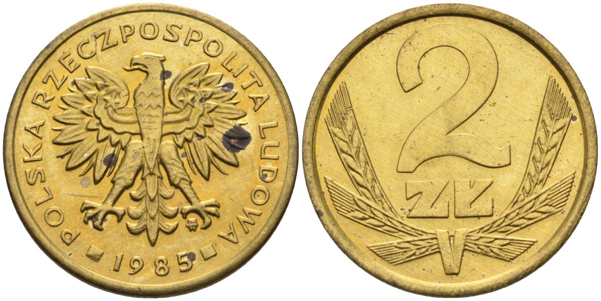 Польша 2 злотых 1985 MW, Народная Республика KM 80.1, Parchimowicz 217l латунь UNC 4580-755