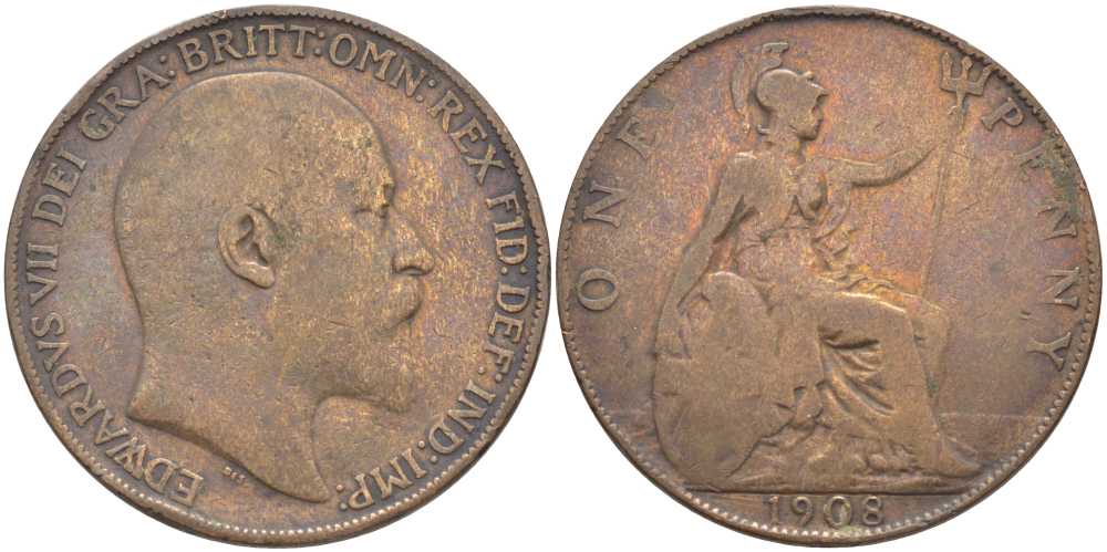 Великобритания 1 пенни 1908 Эдуард VII (1901-1910) KM 794.2, Spink 3990 бронза 111-714