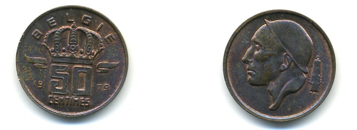 БЕЛЬГИЯ 50 САНТИМОВ 1966 BELGIQUE KM 148.1 бронза 80-936