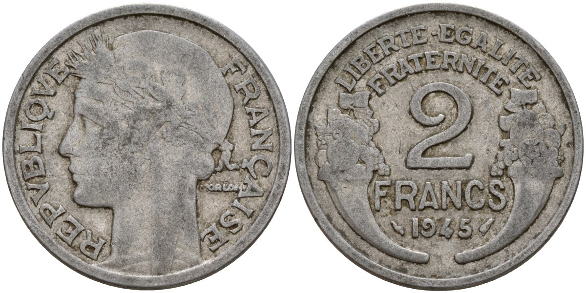 Франция 2 франка 1945 KM 886a алюминий 4187-1015