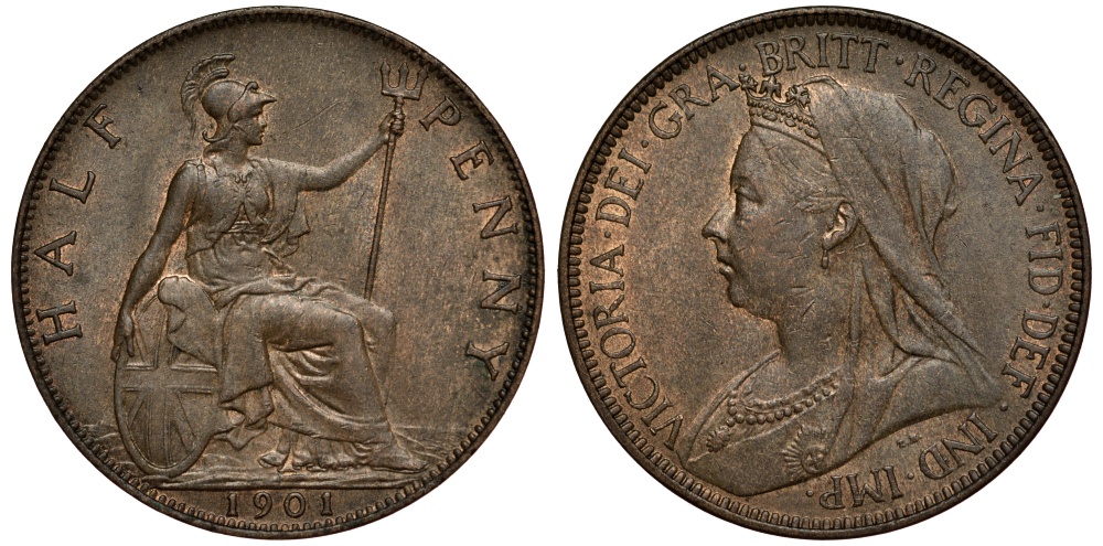 Великобритания 1/2 пенни 1901 Виктория (1837-1901) KM 789, Spink 3962 бронза 441-1541