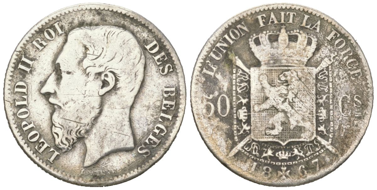 Бельгия 50 сантимов 1867 Леопольд II (1865-1909) KM 26 серебро 63-653