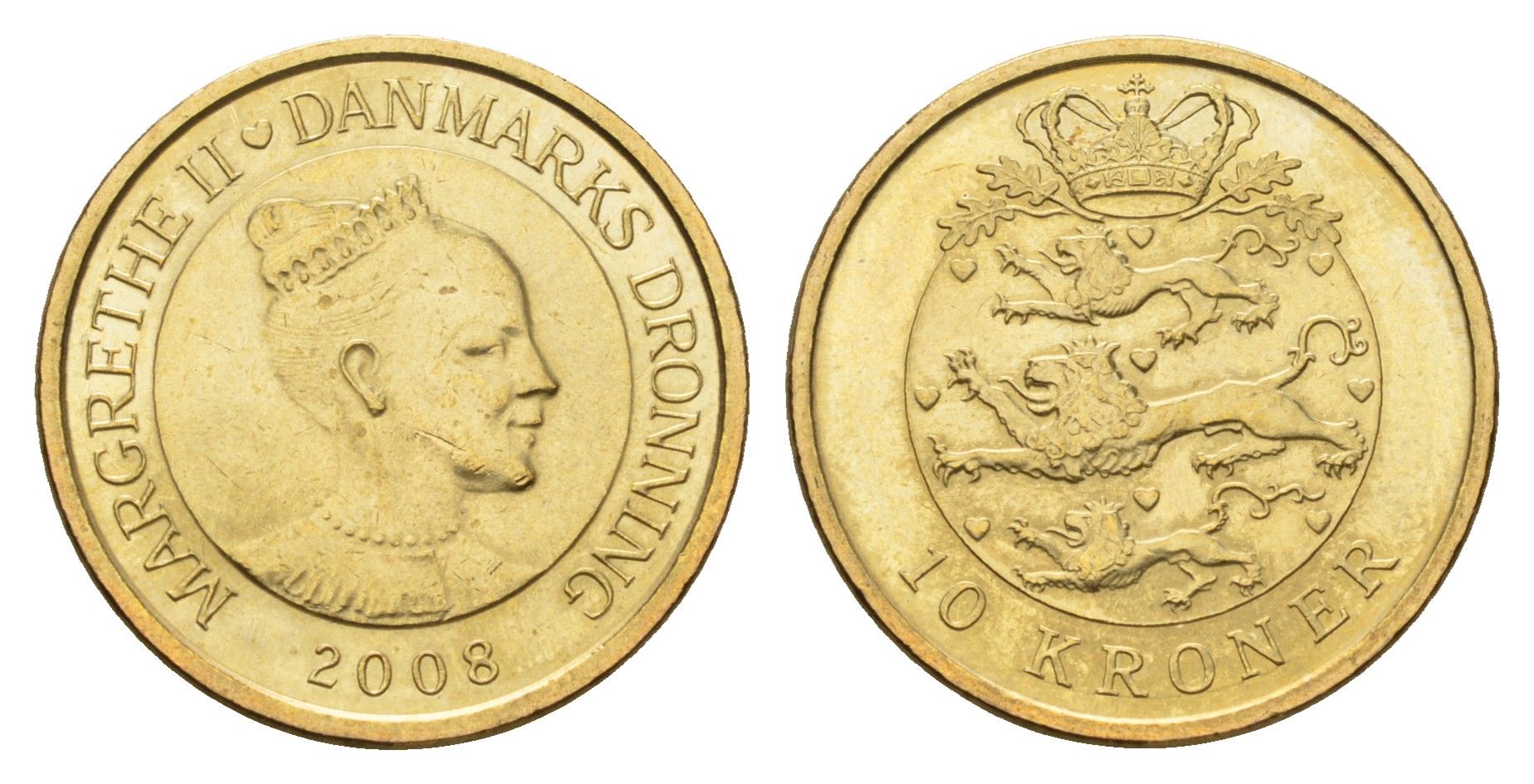 Дания 10 крон 2008 NR, Маргрете II (1972-2024) KM 896 алюминиевая бронза UNC 117-125