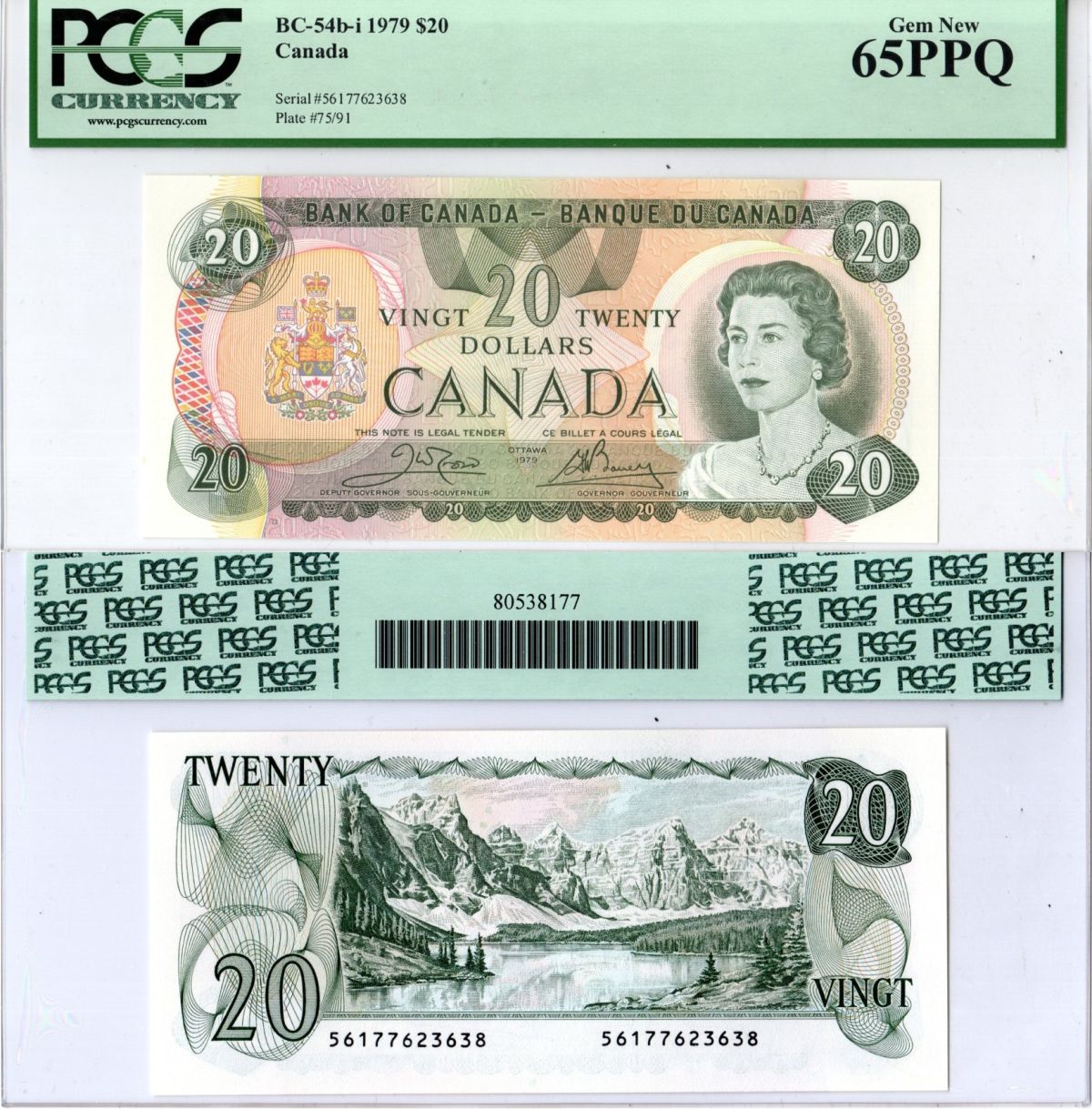 Канада 20 долларов 1979 в холдере компании PCGS. Сохранность -65, королева Елизавета II (1952-2022), Озеро Морейн, Скалистые горы (Альберта) Pick 93 b бумага 452-3-16