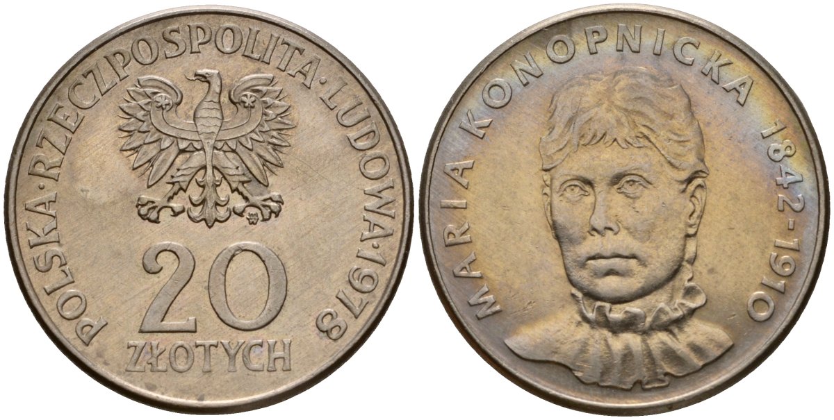 Польша 20 злотых 1978 MW, Портрет Марии Конопницкой (1842-1910) KM 95 медно-никель UNC 81-422