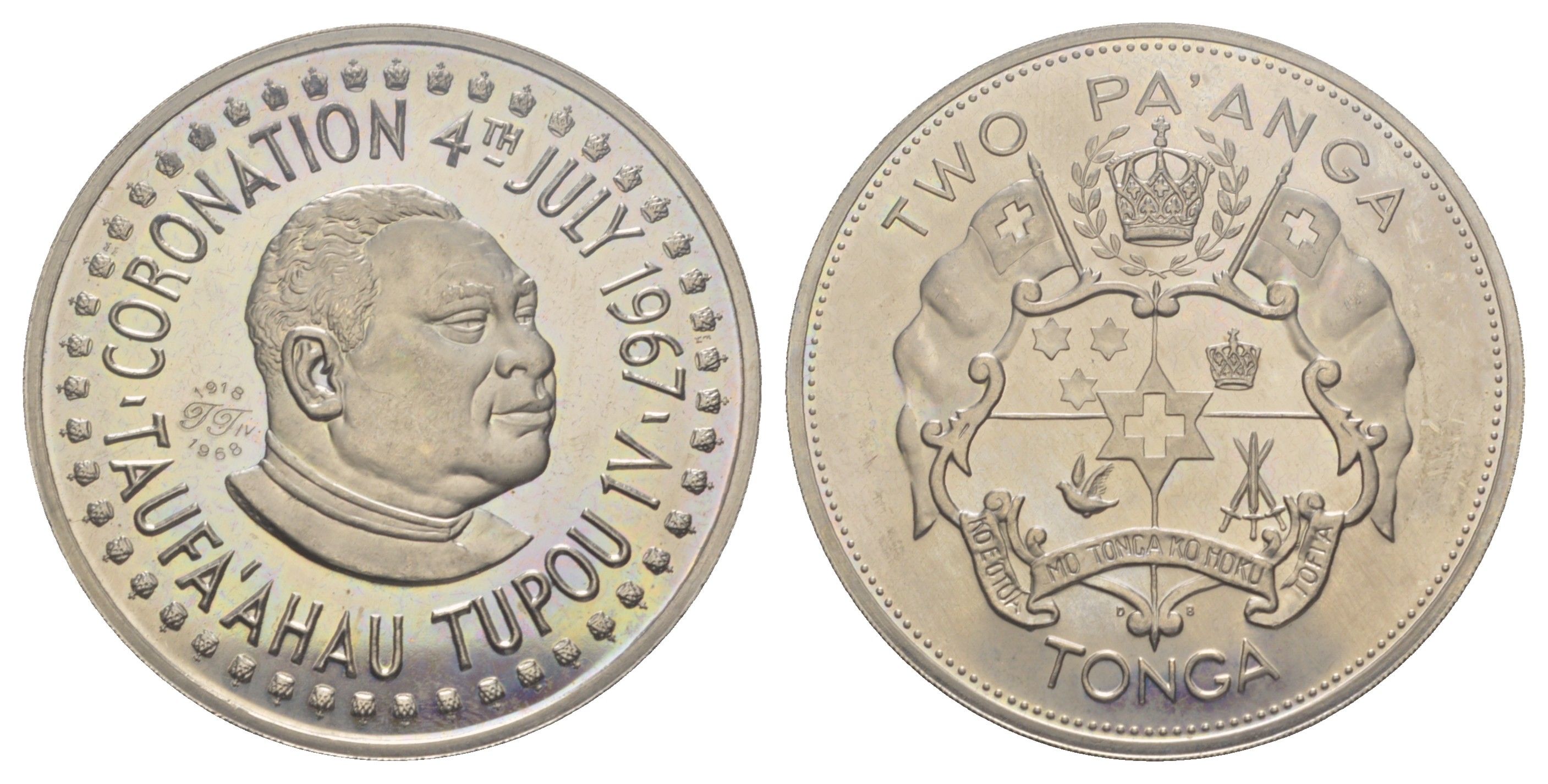 Тонга 2 паанга 1967 Коронация Тауфа’ахау Тупоу IV, с дополнительной отметкой, тираж 1.577 экземпляров KM 20 медно-никель PROOF 00-00