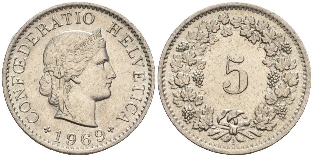 Швейцария 5 раппенов 1969 B KM 26 медно-никель 4608-459