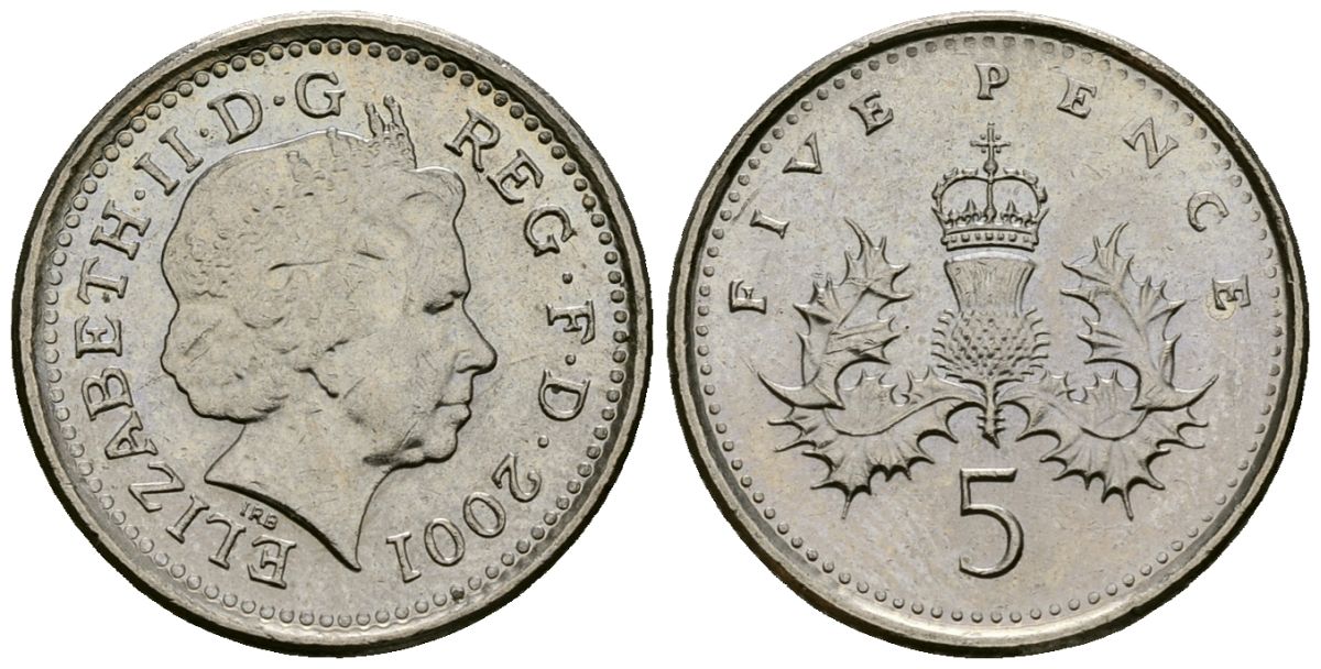 Великобритания 5 пенсов 2001 Елизавета II (1952-2022) KM 988, Spink 4670 (D5) медно-никель 4173-764