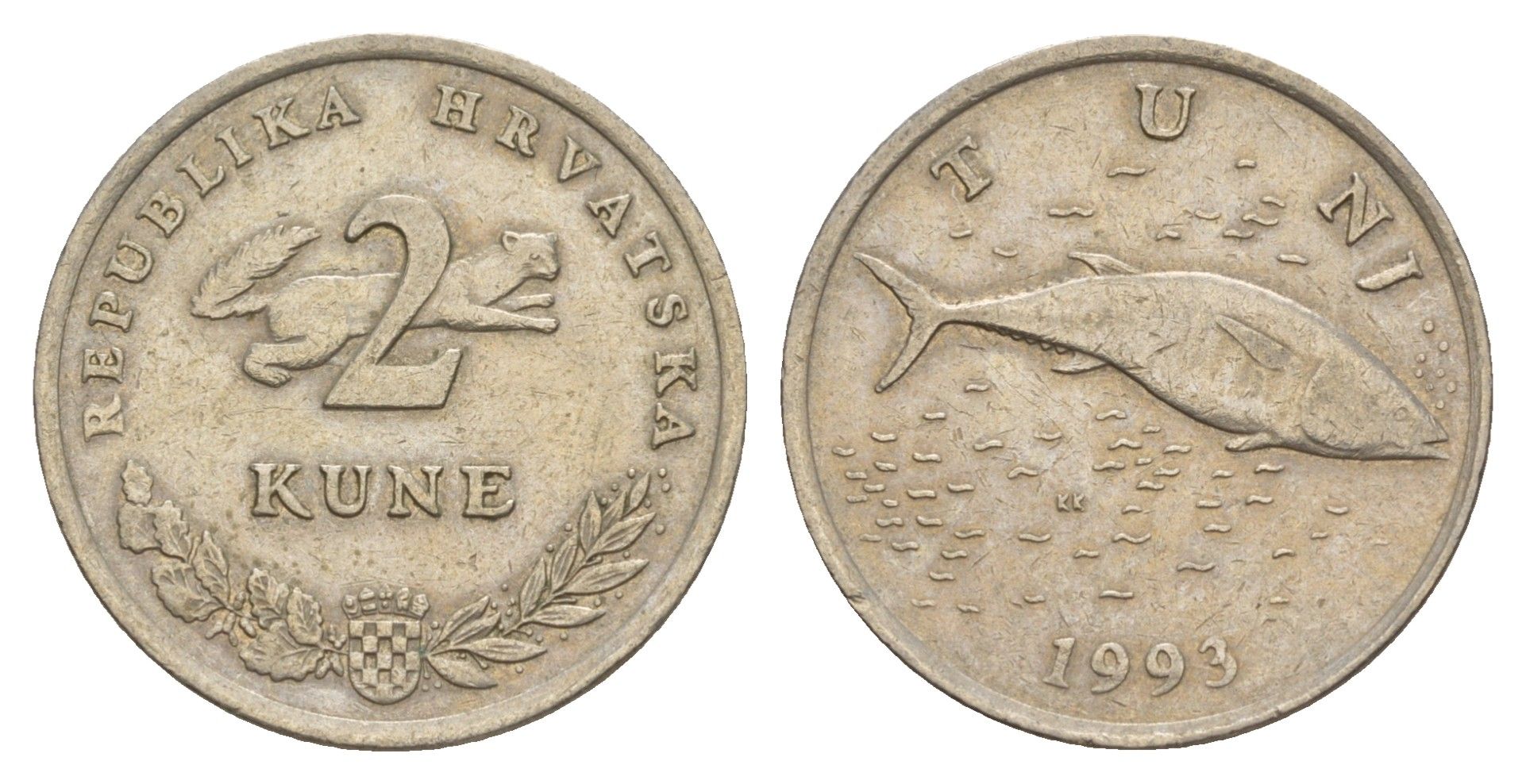 Хорватия 2 куны 1993 тунец, легенда на хорватском KM 10 медь цинк нкиель 4650-737