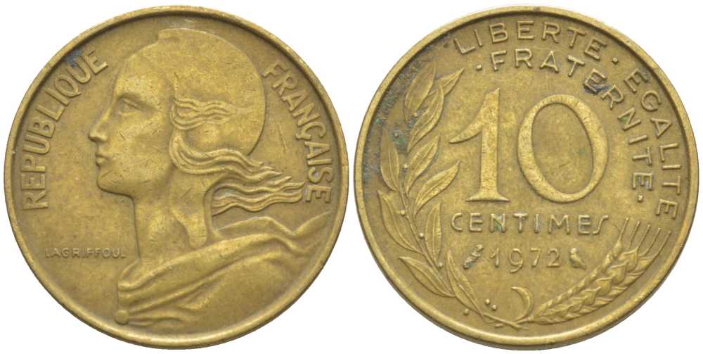 ФРАНЦИЯ 10 САНТИМОВ 1972 ТИП MARIANNE KM 929, LE FRANC 144.12 медь алюминий никель 116-122
