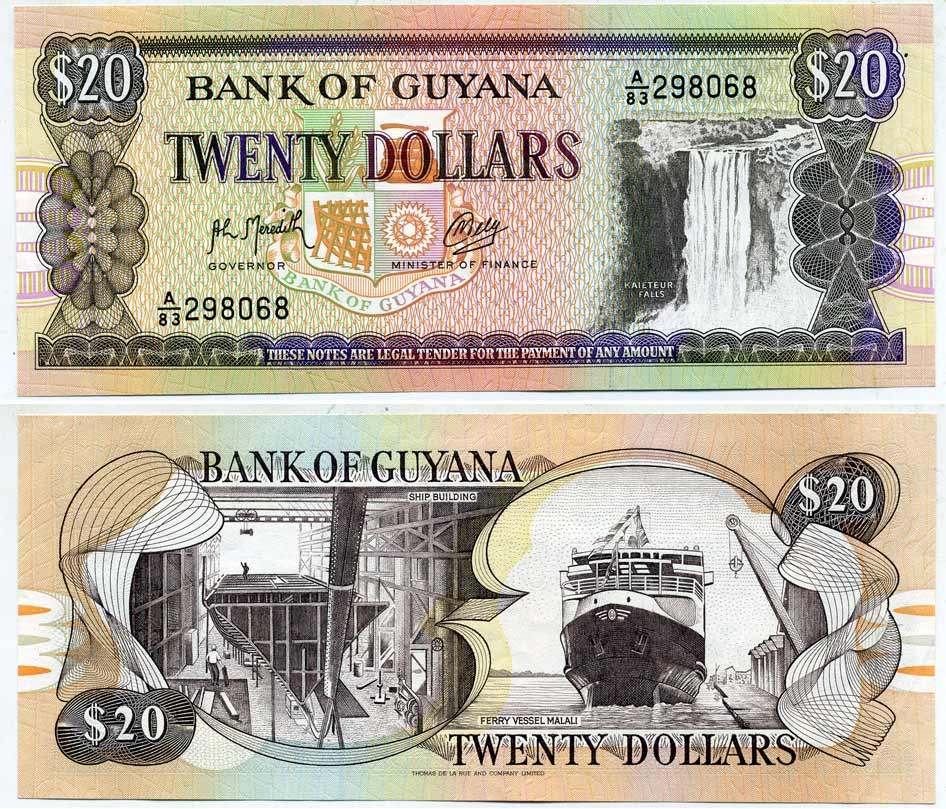 Гайана 20 долларов ND (1989) водопад Кайетур, судостроение, паромное судно "Малали"  Pick 27 (2) бумага UNC (пресс) 6301-6-2