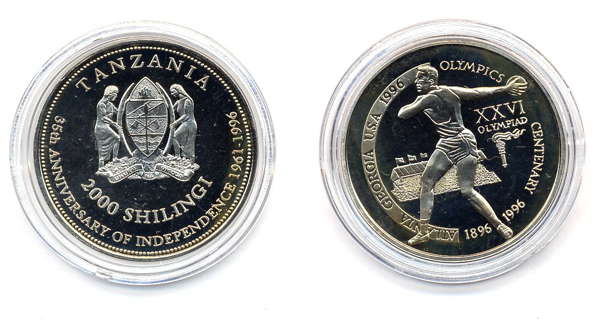 Танзания 2000 шиллингов 1996 XXVI Олимпийские игры 1996 года в Атланте, 100 лет Олимпийскому движению, дискобол, пробник, гладкий гурт медно-никель PROOF 06-157-43