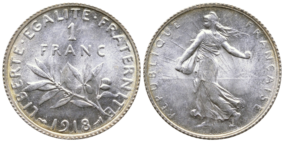 Франция 1 франк 1918 сеятель KM 844.1, Le Franc 217.24 серебро UNC 259-731