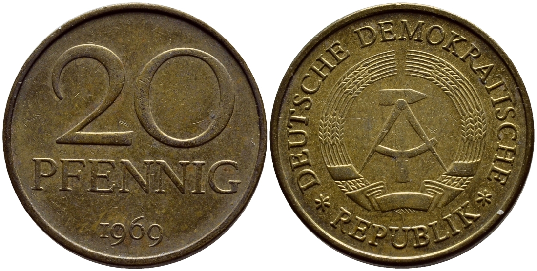 ГДР 20 пфеннигов 1969 А, первый год KM 11 латунь UNC 4398-535