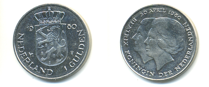 Нидерланды 1 гульден 1980 на коронацию Беатрикс, 30 апреля 1980 KM 200 никель 83-822
