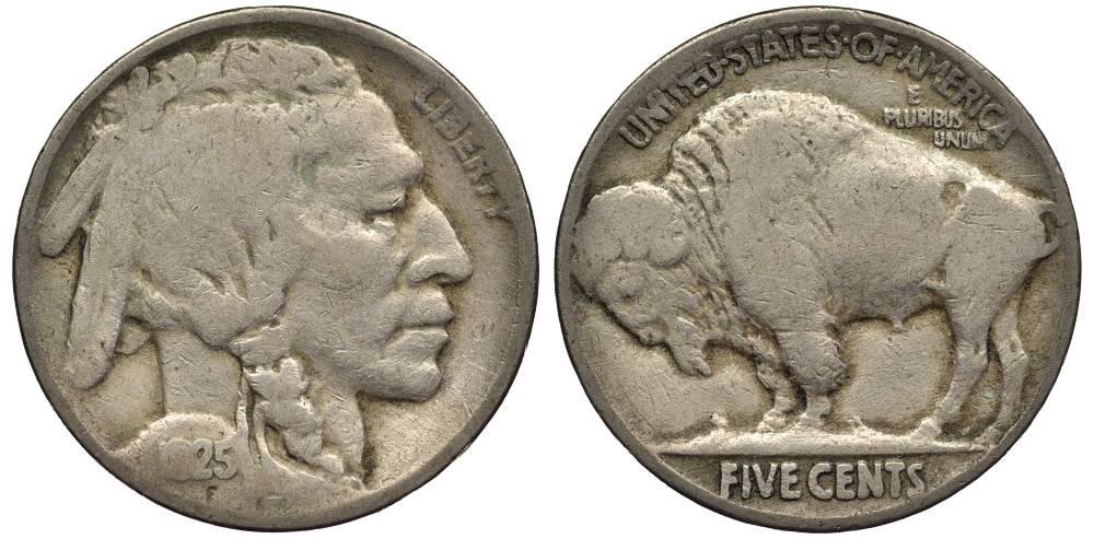 США 5 ЦЕНТОВ 1925 ИНДЕЕЦ, БИЗОН KM 134 медно-никель 27-625
