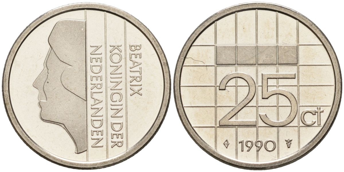 Нидерланды 25 центов 1990 Беатрикс (1980-2013) KM 204 никель UNC 4588-916