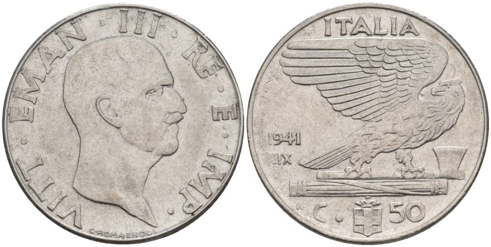 ИТАЛИЯ 50 ЧЕНТЕЗИМО 1941 R, ГОД XIX, ВИКТОР ЭММАНУИЛ III (1900-1946) KM 76b, VEM3. 1063 нержавеющая сталь 3853-346