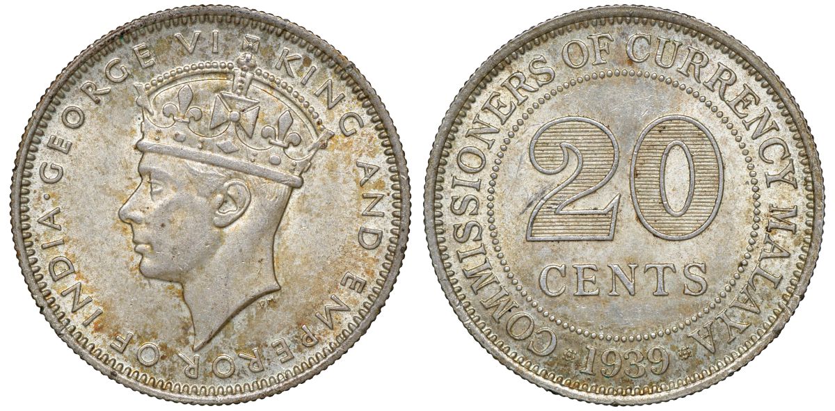 Британская Малайя 20 центов 1939 Георг VI (1937-1952) KM 5 серебро 53-415