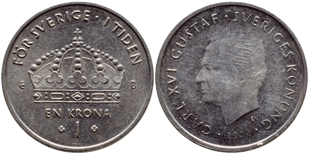 Швеция 1 крона 2002 Карл XVI Густав (1973- ) KM 894 медно-никель 4364-1157