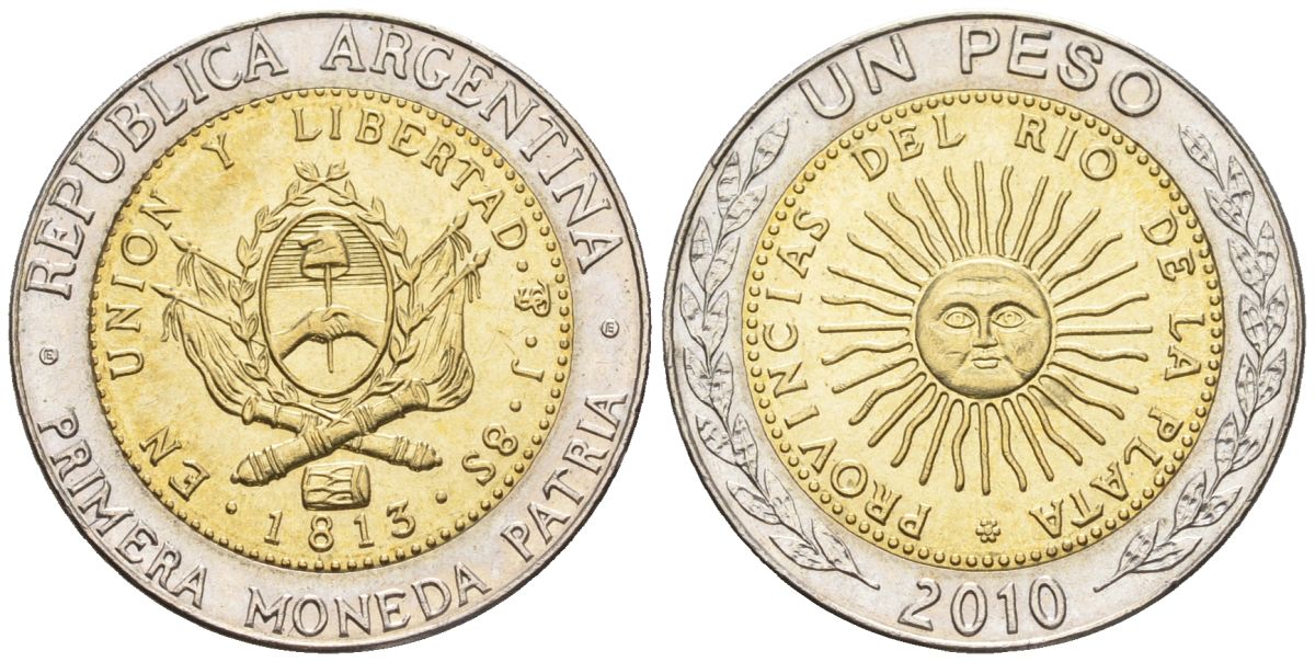 Аргентина 1 песо 2010 E, майское солнце, 8 эскудо 1813 KM 112.1, CJ 6.17, Schon 113 биметалл    60-837
