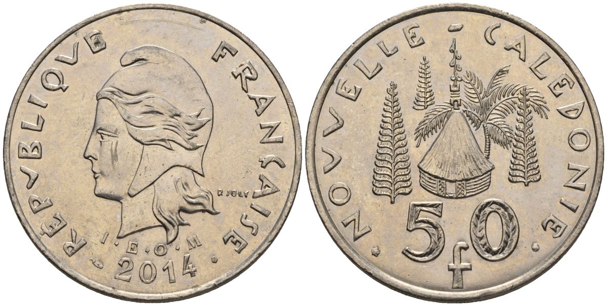 Французская Новая Каледония 50 франков 2014 хижина среди сосен и пальм, (IEOM) KM 13a, Schoen 15a, Lec 128i медно-никель 4111-1124