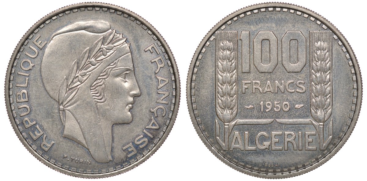 Алжир 100 франков 1950 PROBA, ESSAI, пробная монета KM 93 медно-никель UNC 3711-211