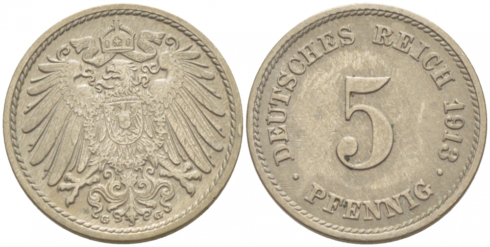 ГЕРМАНИЯ 5 ПФЕННИГОВ 1913 G, KM 11, J. 12 медно-никель 3996-1127